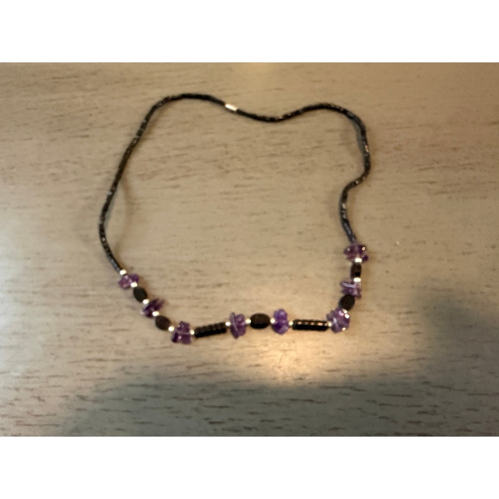 Amethyst Chip Bead Necklace Black Tube Silver Tone Accents Barrel Clasp 18 Inch